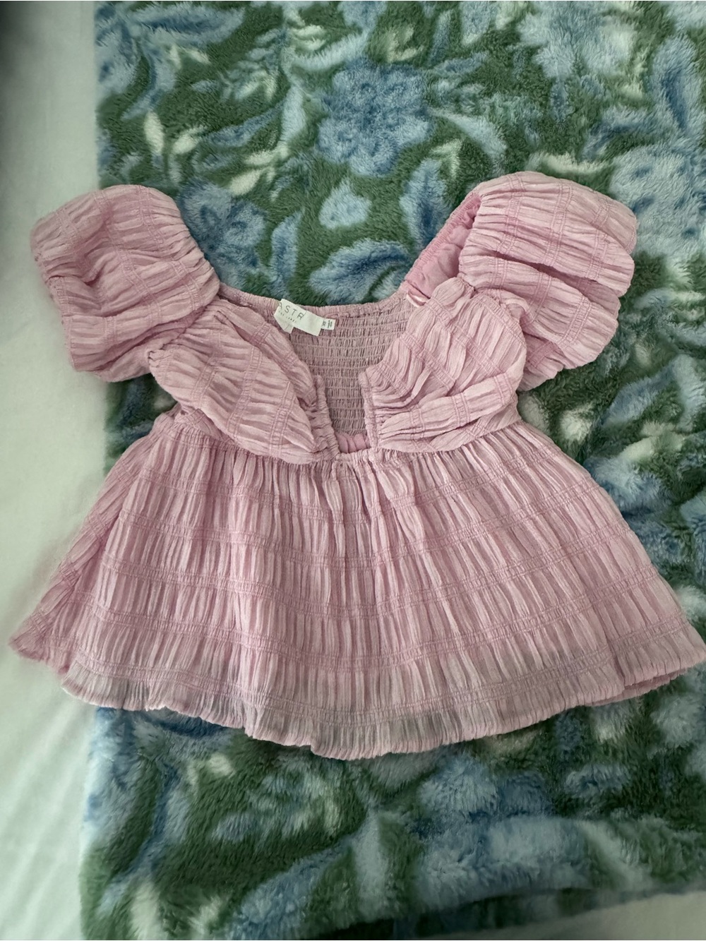 ASTR the label Pink Ruffled Puff-Sleeve Smocked Blouse
